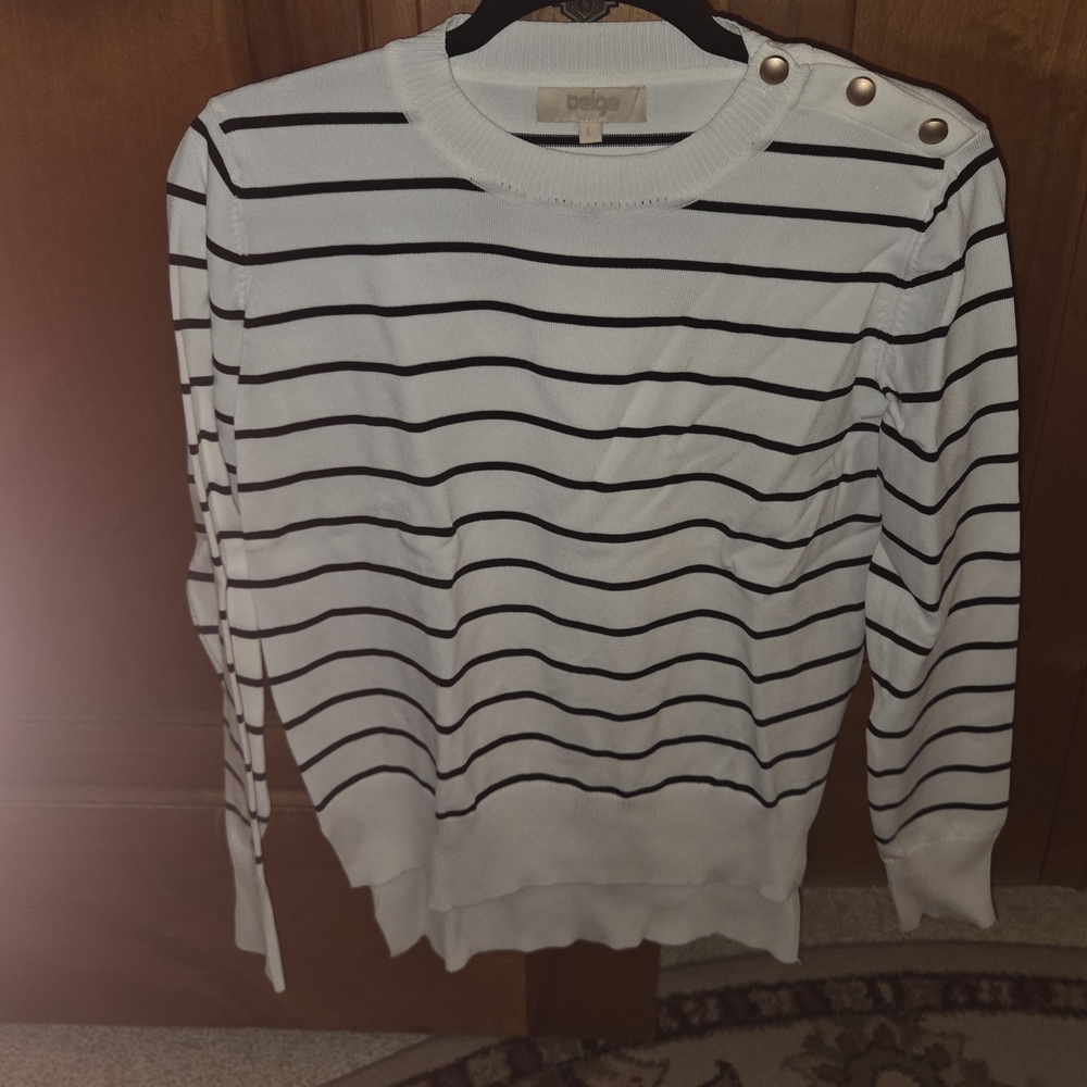 Elegant Striped Sweater with Gold Button Accents